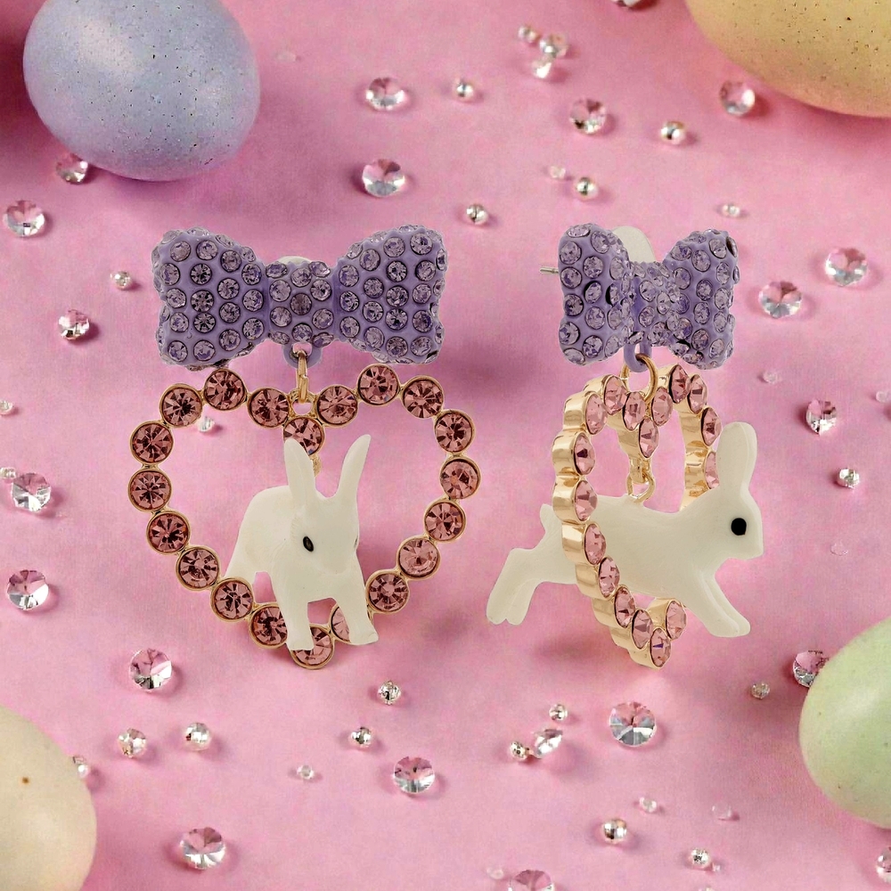 NEW Betsey Johnson Easter Bunny Bow Heart Earrings Pink Lavender Gold Tone NWT - Picture 2 of 7